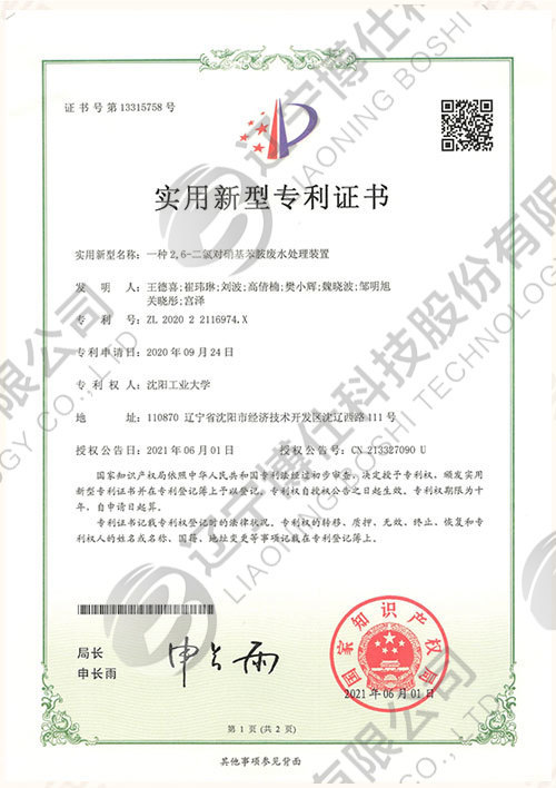 202022116974.X-Utility model patent certificate-A 2,6-dichlorop-nitroaniline wastewater treatment device